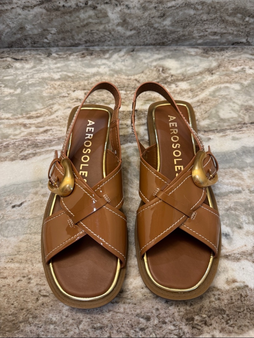 AEROSOLES Cognac Patent Leather Cross-Strap Slingback Sandals